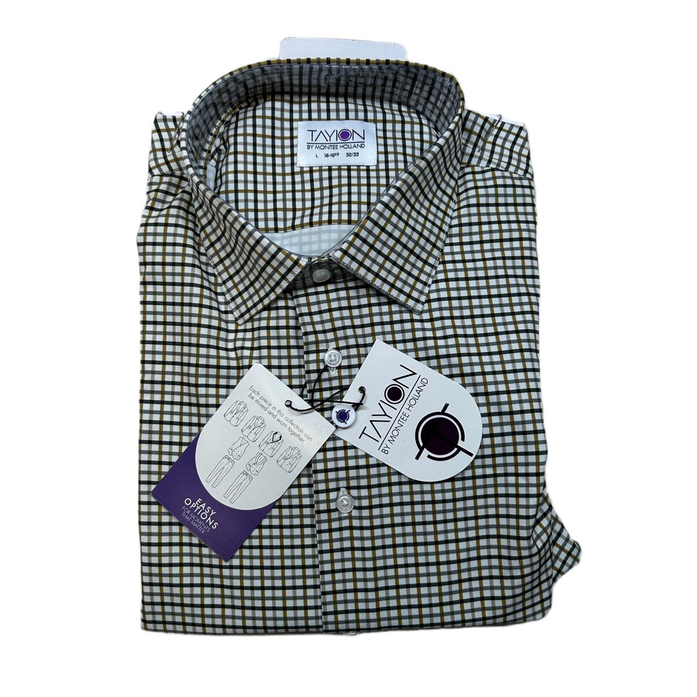 Tayion Slim-Fit Plaid‎ Dress Shirt Mens Large 16-16.5 32/33 White Black Gold NEW